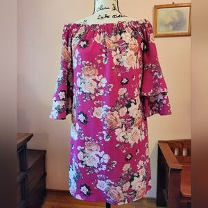 Xhilaration Floral Pink Off-The-Shoulder Minidress, 1/2 Bell Sleeve, NWOT, XS